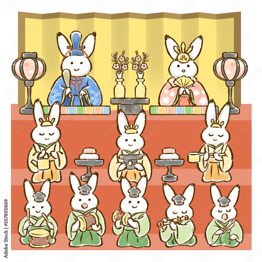 Fototapeta premium うさぎのおひなさま（男雛・女雛・三人官女・五人囃子）3段 手描きイラスト