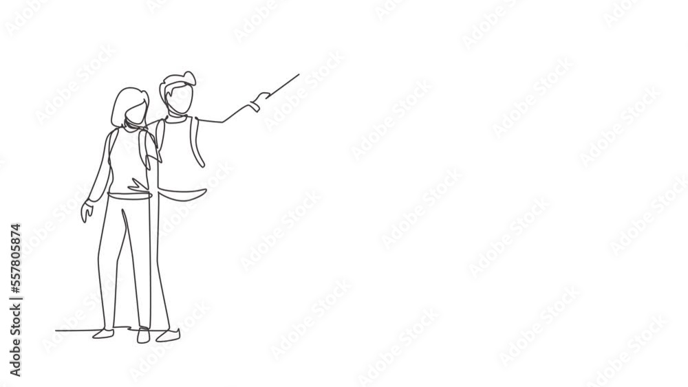 Animated self drawing of continuous line draw couple tourist with backpack taking selfie over beautiful nature landscape background. Man and woman hiking nature trip. Full length one line animation Animated self drawing of continuous line draw couple tourist with backpack taking selfie over beautiful nature landscape background. Man and woman hiking nature trip. Full length one line animation