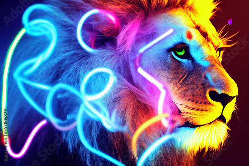 cyberpunk style cute lion, neon colors , bright smoke in background