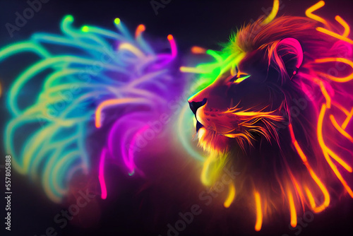 cyberpunk style cute lion  neon colors   bright smoke in background