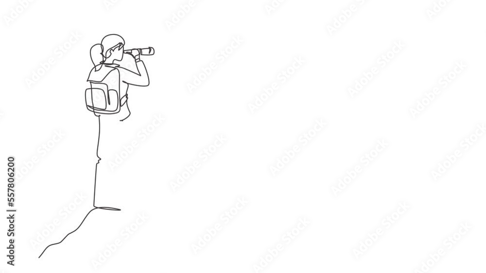 Self drawing animation of single line draw girl trekking on mountain. Woman traveling in mountains, standing on top, looking in binoculars. Outdoor scene. Continuous line draw. Full length animated