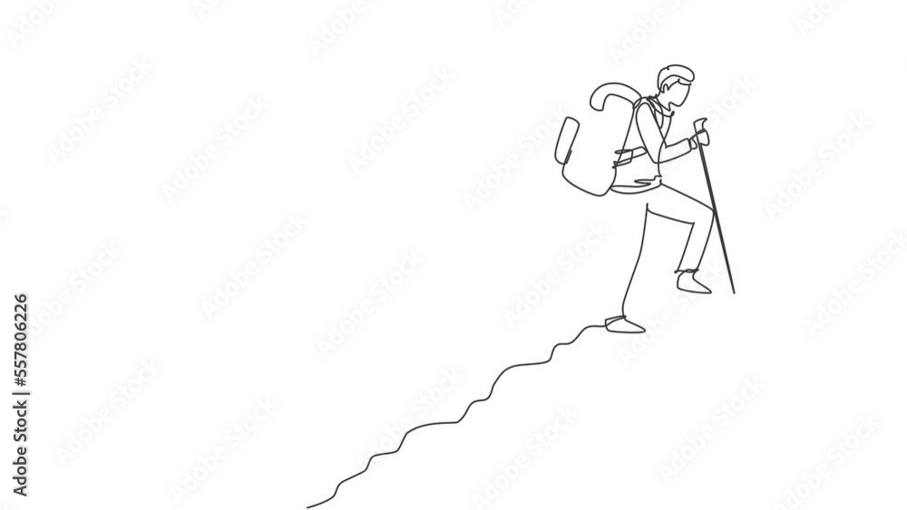 Animated self drawing of continuous line draw hiker with backpack on top of mountain. Trekking man simple sketch, Outdoor activity. Happy hikers, tourists or climbers. Full length one line animation Animated self drawing of continuous line draw hiker with backpack on top of mountain. Trekking man simple sketch, Outdoor activity. Happy hikers, tourists or climbers. Full length one line animation
