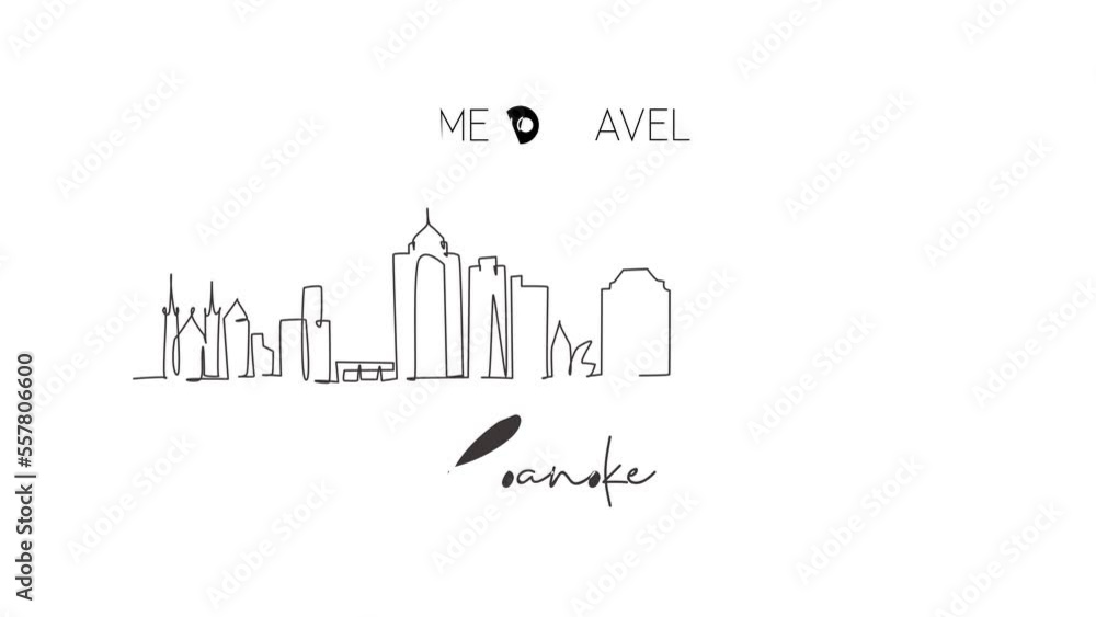 Self drawing animation of single one line draw Roanoke city skyline, Virginia. Historical town landscape in world. Best holiday destination. Editable stroke. Continuous line draw. Full length animated Self drawing animation of single one line draw Roanoke city skyline, Virginia. Historical town landscape in world. Best holiday destination. Editable stroke. Continuous line draw. Full length animated