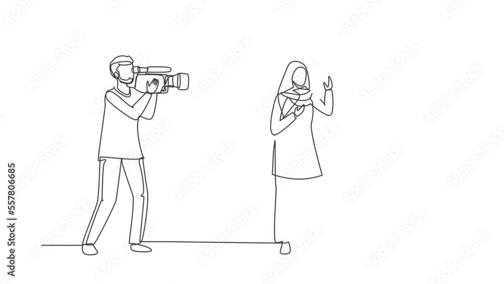 Self drawing animation of single line draw journalist with microphone ...