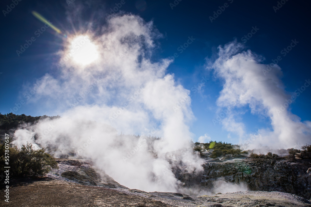 Rotorua weird and unique landscape, geothermal activity, volcanic landforms, hot pools and lakes North Island New Zealand
