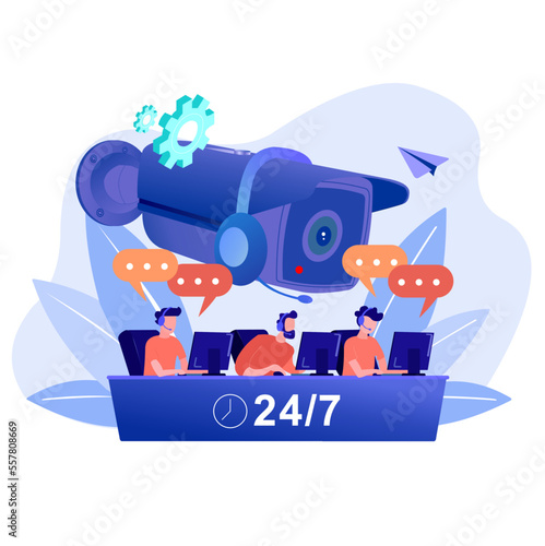 Customer service operators with headsets at outdoor surveillance camera consulting clients 24 for 7. Call center, vector illustration. CCTV technical support concept