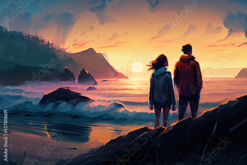 A young couple looks at the sunset on the beach © Анастасия Птицова