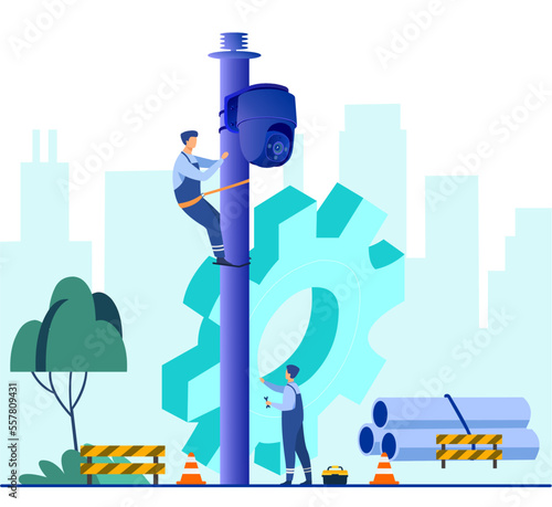 Maintenance of surveillance cameras by CCTV technicians mounted on poles. Video surveillance, public security, vector illustration. CCTV repair illustration concept