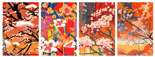 Cherry blossom Japanese background. Beautiful Sakura flowers spring nature art illustration.