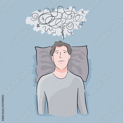 Man cannot sleep having insomnia thinking and worried at bed
