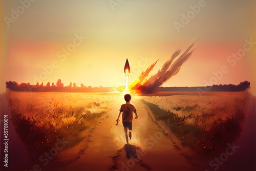 A boy on the field looks at a rocket taking off