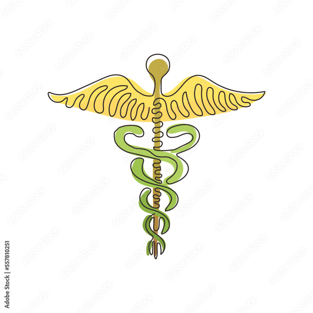 Single one line drawing Caduceus - medical center, pharmacy, hospital with popular symbol of medicine. Medical logo. Swirl curl style. Modern continuous line draw design graphic vector illustration