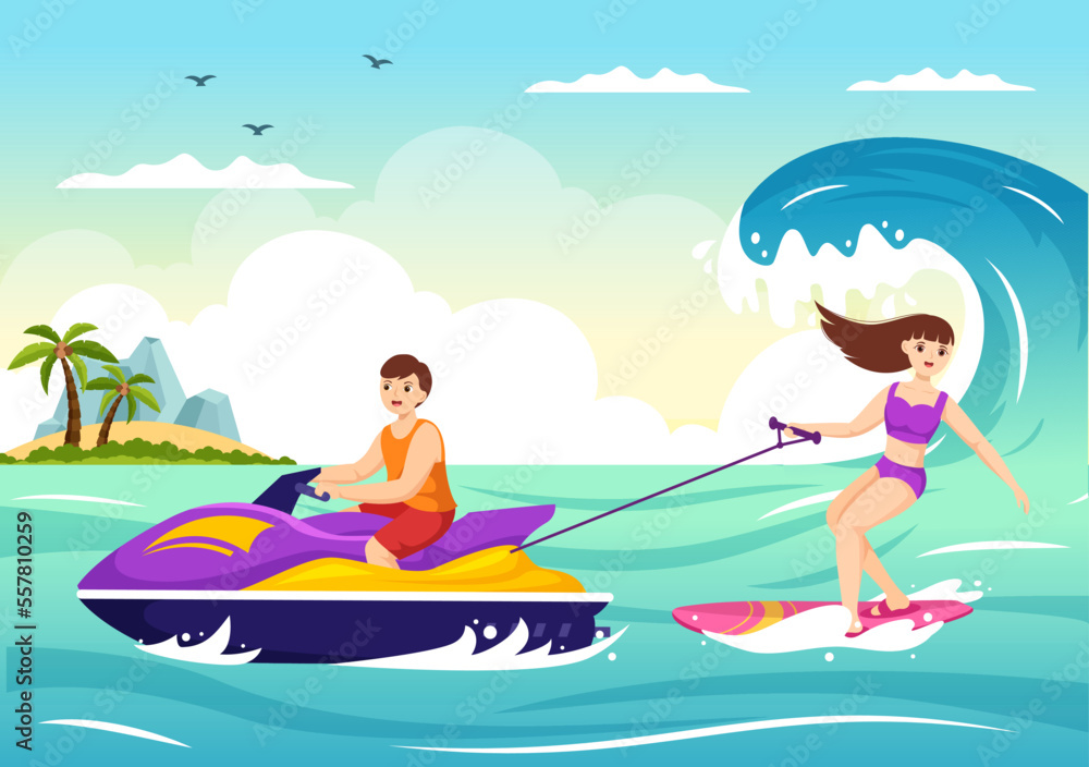 People Ride Jet Ski Illustration Summer Vacation Recreation, Extreme Water Sports and Resort Beach Activity in Hand Drawn Flat Cartoon Template