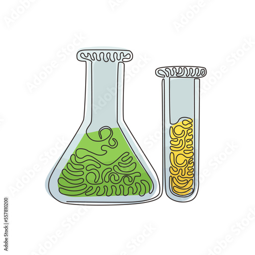 Continuous one line drawing chemistry laboratory glassware. Graduated lab tube, beaker and flask. Equipment for chemical test. Swirl curl style. Single line draw design vector graphic illustration