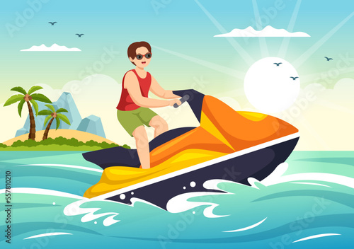 People Ride Jet Ski Illustration Summer Vacation Recreation  Extreme Water Sports and Resort Beach Activity in Hand Drawn Flat Cartoon Template