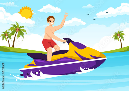 People Ride Jet Ski Illustration Summer Vacation Recreation  Extreme Water Sports and Resort Beach Activity in Hand Drawn Flat Cartoon Template