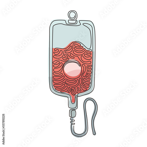 Single one line drawing infuse icon. Blood bag. IV bag icon. Illustration of catheter. Medicine and health symbol. Contour clinic icon. Swirl curl style. Continuous line draw design graphic vector