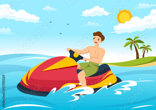 People Ride Jet Ski Illustration Summer Vacation Recreation, Extreme Water Sports and Resort Beach Activity in Hand Drawn Flat Cartoon Template