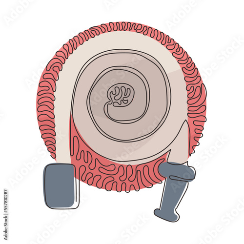 Single continuous line drawing fire hose logo in trendy style. Suitable for many purposes. Firefighter equipment. Swirl curl circle background style. One line draw graphic design vector illustration