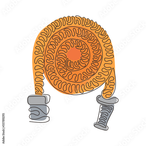 Single one line drawing fire hose logo in trendy style. Suitable for many purposes. Firefighter equipment or instrument. Swirl curl style. Continuous line draw design graphic vector illustration