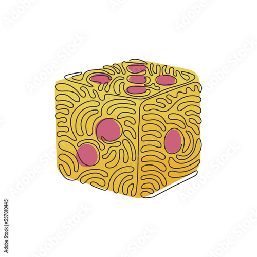 Single continuous line drawing dice. Dice with white dots. Dice cube, casino game. Cute outline cube by black contour for table game. Swirl curl style. One line draw graphic design vector illustration