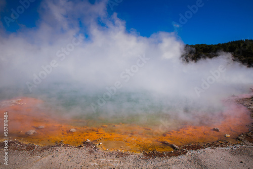 Rotorua Wai-o-Tapu Champaign pool weird and unique landscape, geothermal activity, volcanic landforms, hot pools and lakes North Island New Zealand
