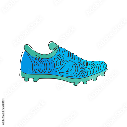 Single one line drawing Football boots. Soccer boots. Soccer shoes. Soccer football boots cleats shoes. Swirl curl style concept. Modern continuous line draw design graphic vector illustration