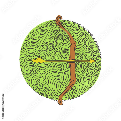 Single continuous line drawing Arrow and bow Indian archery weapon. Native longbow warrior or hunting equipment. Tribal wooden armor. Swirl curl circle background style. Dynamic one line draw graphic