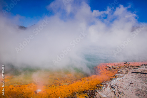 Rotorua Wai-o-Tapu Champaign pool weird and unique landscape, geothermal activity, volcanic landforms, hot pools and lakes North Island New Zealand