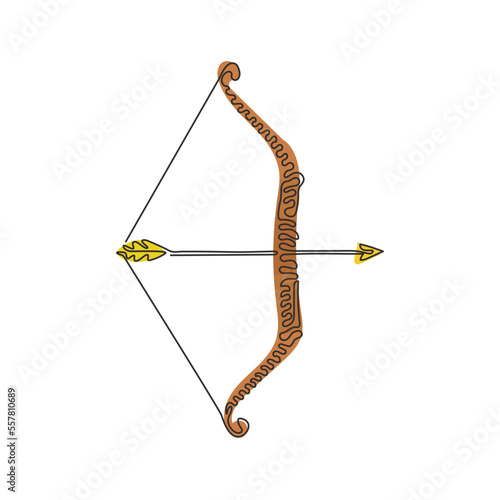 Single one line drawing Arrow and bow Indian archery weapon. Native longbow warrior or hunting equipment. Tribal wooden armor. Swirl curl style. Continuous line draw design graphic vector illustration