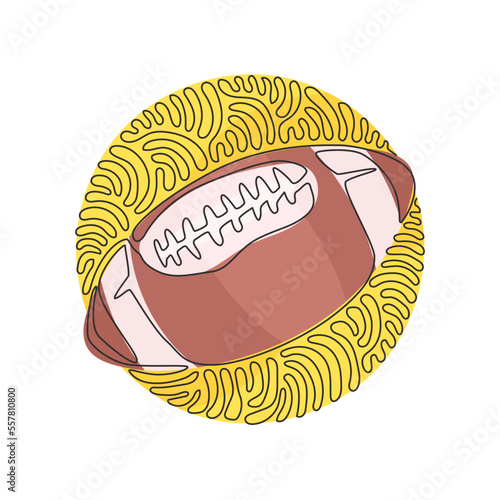 Continuous one line drawing leather American football ball. American college high school junior striped football. Swirl curl circle background style. Single line design vector graphic illustration