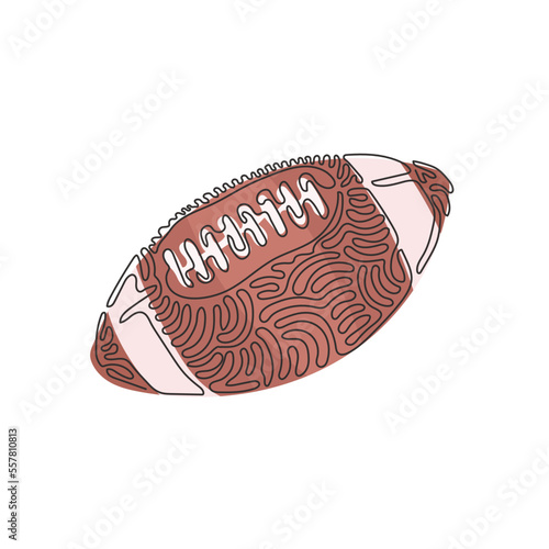 Single one line drawing leather American football ball. American college high school junior striped football. Swirl curl style concept. Modern continuous line draw design graphic vector illustration