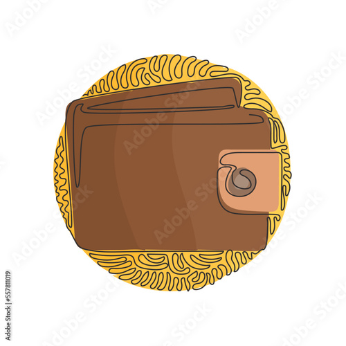 Single one line drawing Wallet icon in trendy flat style. Outline money wallet. Modern wallet line icon. Swirl curl circle background style. Continuous line draw design graphic vector illustration