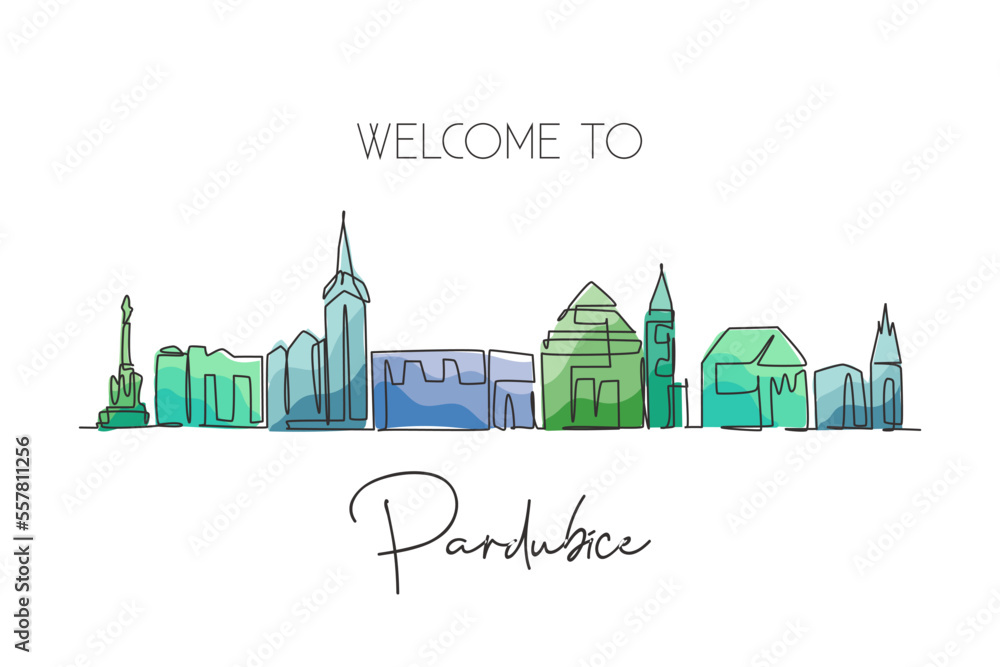 Single one line drawing Pardubice city skyline, Czech Republic. World historical town landscape. Best holiday destination postcard print art. Trendy continuous line draw design vector illustration