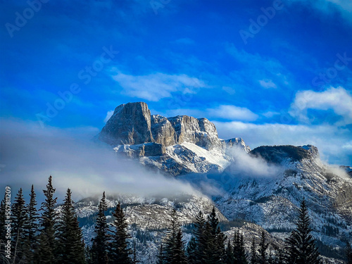 Roche Miette Mountain in the winter. View from the train. photo