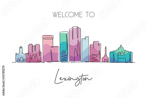 Single one line drawing Lexington city skyline, Kentucky. World historical town landscape. Best holiday destination postcard art. Editable stroke trendy continuous line draw design vector illustration