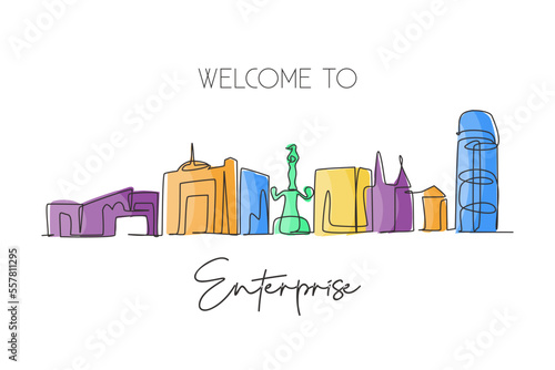 Continuous one line drawing Enterprise city skyline, Alabama. Beautiful landmark. World landscape tourism travel wall decor poster print art. Stylish single line draw design vector illustration
