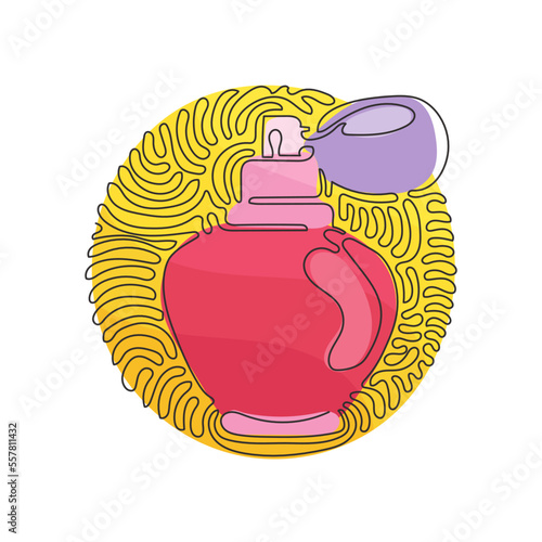 Continuous one line drawing perfume flacons and bottles. Cosmetics icons. Perfume flat design cosmetic and spa illustration. Swirl curl circle background style. Single line draw design vector graphic