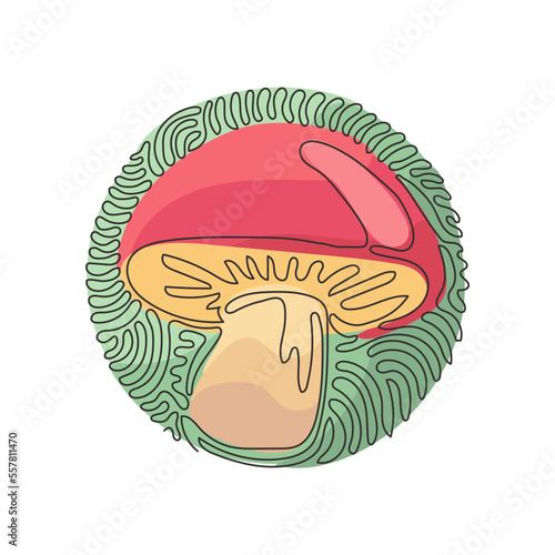 Single one line drawing wild cep porcini mushrooms. Organic vegetarian product. Great for menu, label, recipe. Swirl curl circle background style. Continuous line design graphic vector illustration