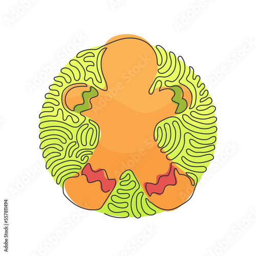 Single continuous line drawing gingerbread man icing. Cookie in shape of man. Illustration for winter holiday, cooking, new year's eve. Swirl curl circle style. Dynamic one line graphic design vector