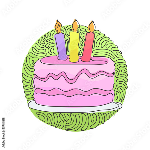 Single one line drawing birthday cake with three candles burning. Tasty dessert main dish of birthday party. Swirl curl circle background style. Continuous line draw design graphic vector illustration