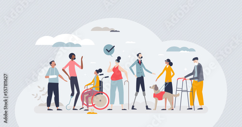 Americans with disabilities act or ADA protection law tiny person concept. Civil employee discrimination prevention with US state work regulation vector illustration. Condition with limited mobility. photo