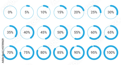 Set of circle percentage diagrams from 0 to 100 for infographic, user interface (UI), web design. Indicator with blue
