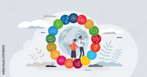 SDG or sustainable development goal elements tiny person concept. Symbolic combination with social equality, nature eco protection, waste management and corporate responsibility vector illustration,
