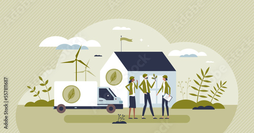 Environmental agency with nature protection, care or control tiny person concept. Green, sustainable and ecological company with awareness for organic and renewable resources usage vector illustration