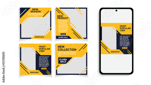 Set of Social Media Post, Blue dark and yellow background color with stripe line shape. Suitable for social media post and web internet ads. Vector illustration with photo college