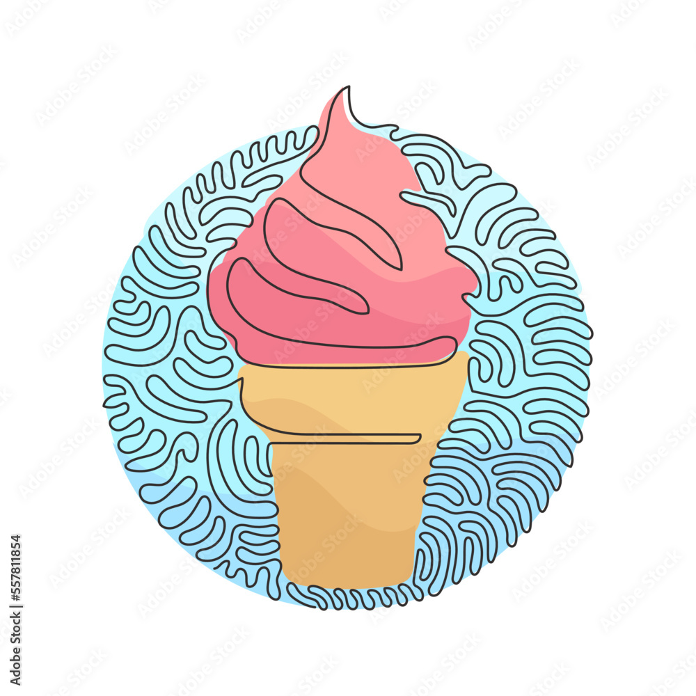 Continuous one line drawing delicious ice creams in crispy waffles cup. Tasty sweet ice-cream tastes. Cold summer desserts. Swirl curl circle background style. Single line draw design vector graphic Continuous one line drawing delicious ice creams in crispy waffles cup. Tasty sweet ice-cream tastes. Cold summer desserts. Swirl curl circle background style. Single line draw design vector graphic