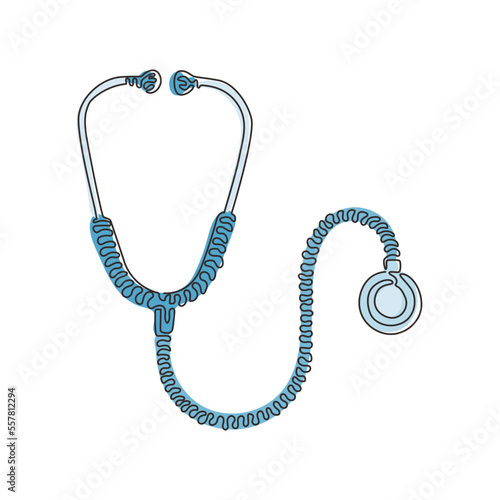 Single continuous line drawing medical icon stethoscope, diagnostic symbol. Doctor item, hospital pictogram, symbol medicine. Swirl curl style. Dynamic one line draw graphic design vector illustration