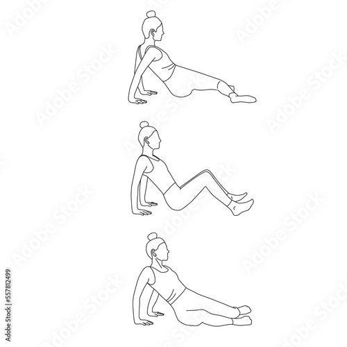 Line art of woman exercise in step of 90 hip rotation vector.