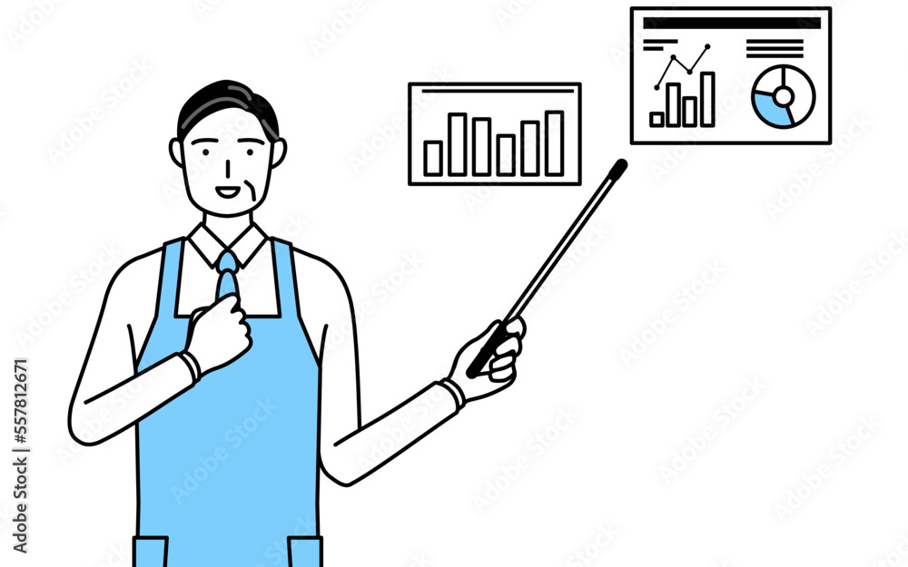 業績グラフを分析するすエプロンを着たシニア男性